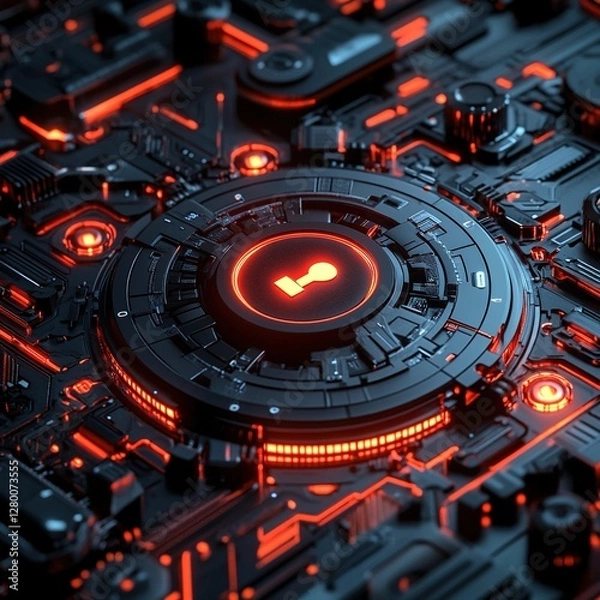 Fototapeta Futuristic Cyber Security System  Digital Key  Red Lights  Technology Background