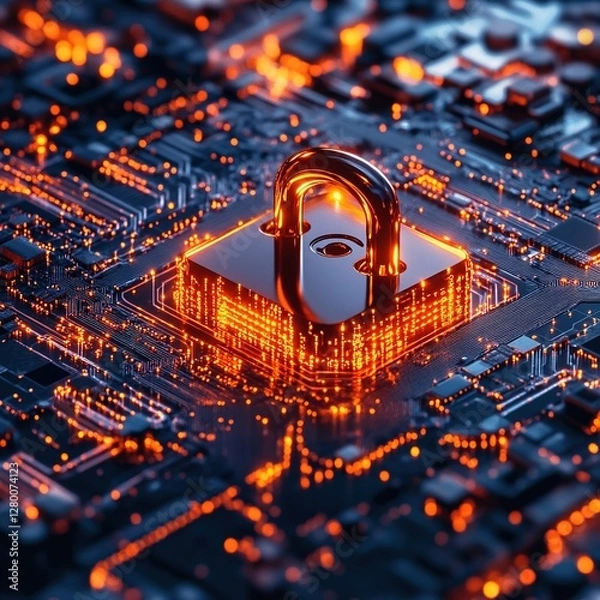 Fototapeta Cyber Security  Digital Lock on Circuit Board