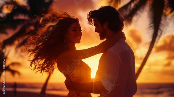 Fototapeta Couple kissing at sunset, girl and guy, woman and man dancing against the sunset on vacation, among palm trees, symbolizing love and inspiration, romantic relationship 