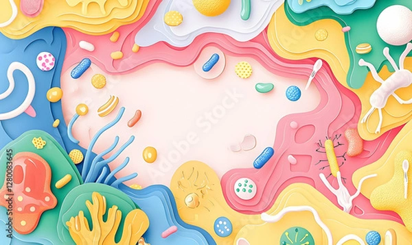 Fototapeta Probiotics in Action, an illustration showing beneficial bacteria interacting with gut flora, enhancing digestion and promoting health.