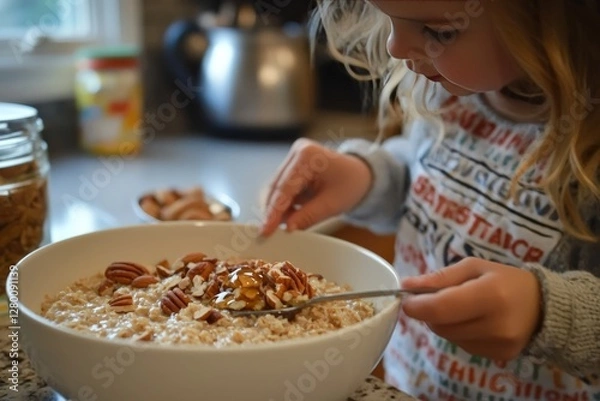 Fototapeta A preschooler helps stir a bowl of oatmeal topped with nuts and honey