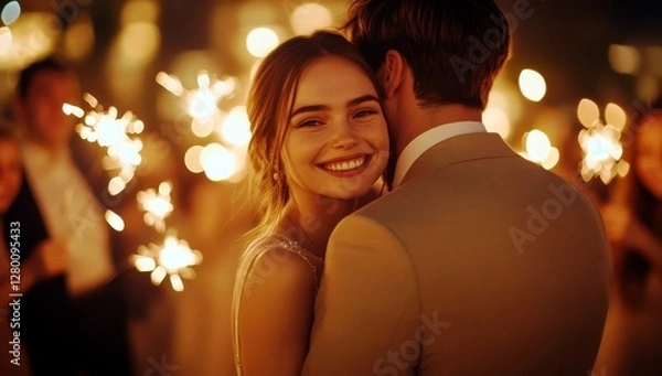 Fototapeta Joyful couple celebrating together at a festive event with sparkling lights in the background, creating a romantic and magical atmosphere of joy and connection