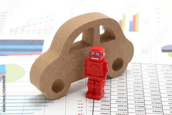 Fototapeta Business concept with miniature robot, car model, and financial graphs