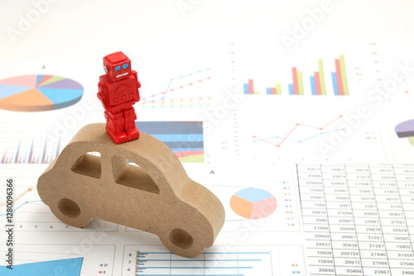 Fototapeta Business concept with miniature robot, car model, and financial graphs