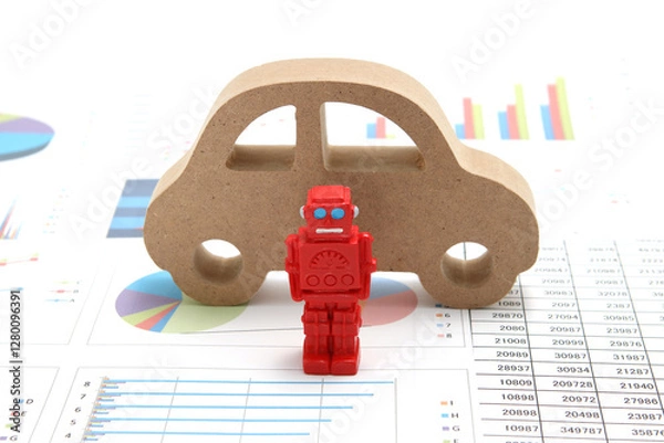 Fototapeta Business concept with miniature robot, car model, and financial graphs