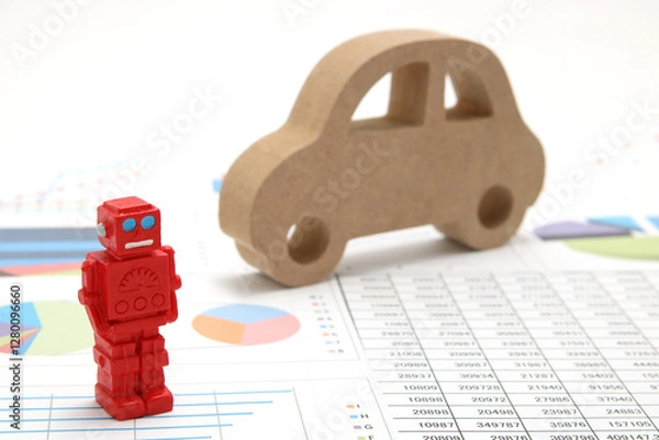 Fototapeta Business concept with miniature robot, car model, and financial graphs