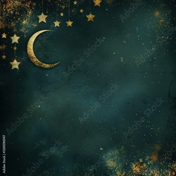 Fototapeta 3D Eid Mubarak on the left, space for ads, dark green background with Islamic motifs of crescent and star.