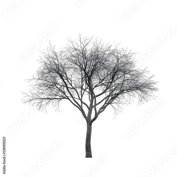 Fototapeta A solitary tree with bare branches stands against a white background, symbolizing winter's chill