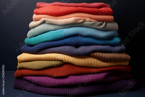 Fototapeta Vibrant collection of knitted sweaters arranged neatly in stacked formation. Each sweater features distinct colors and textures.