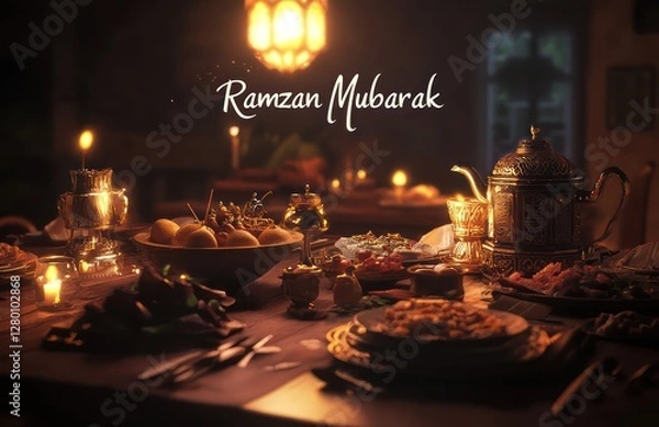 Fototapeta Softly lit table with traditional Ramadan elements, Ramzan Mubarak floating gently overhead.