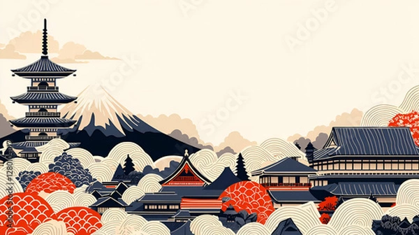 Fototapeta Elegant Japanese Landscape with Mountain and Traditional Architecture
