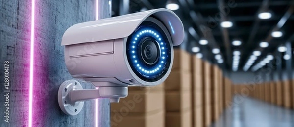 Fototapeta White Security Camera in Warehouse Setting
