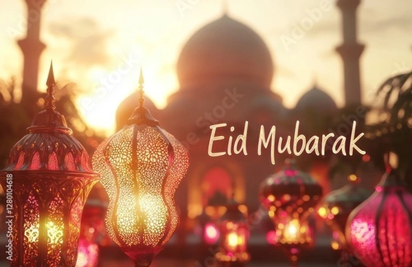 Fototapeta Sunrise glowing over a simple mosque with Eid Mubarak in delicate lettering and lanterns.