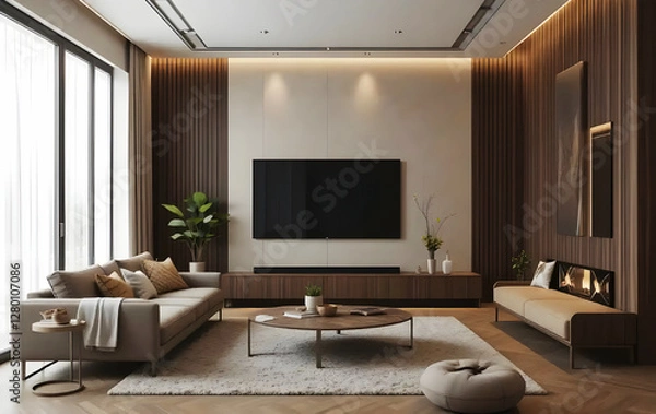 Fototapeta Contemporary TV Space in Brown Mocha Mousse 2025 Tones – A well-balanced design with wooden textures, soft lighting, and sleek furniture, creating a relaxing and stylish environment
