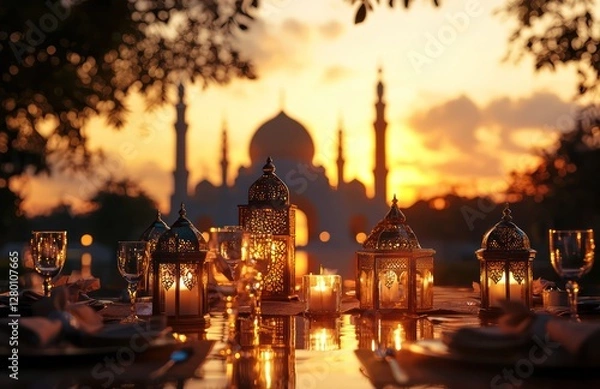 Fototapeta Golden hour light illuminates mosque silhouette with nearby lanterns and candles on table.
