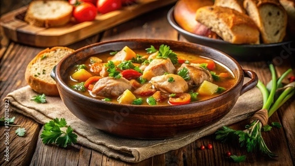 Fototapeta Savory chicken vegetable stew, perfectly photographed with dreamy bokeh, served with crusty bread.