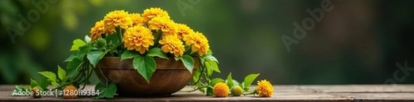 Obraz Vines entwined with golden marigolds in a wooden basket, basket, wood, bloom