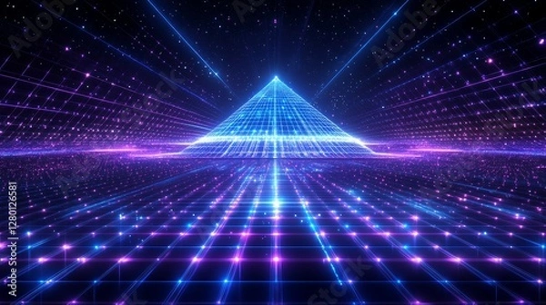 Obraz Digital pyramid with glowing neon light futuristic metaverse cyberspace background technology wallpaper modern geometric pattern abstract design