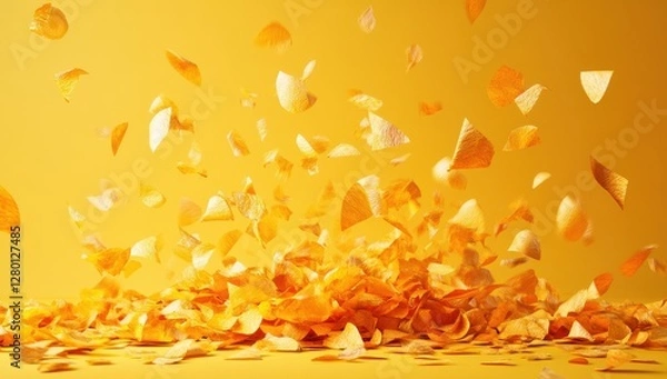 Fototapeta Bright and Vibrant Yellow Background with Falling Colorful Petals, Perfect for Celebrations, Abstract Art, and Creative Projects