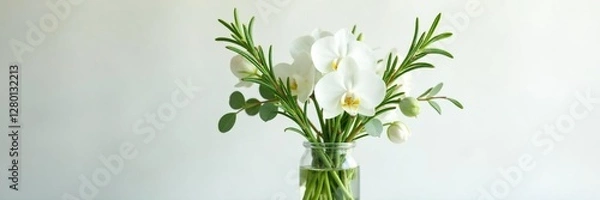 Obraz Fresh rosemary sprigs and white orchids in a glass vase with eucalyptus leaves, herb, arrangement, white