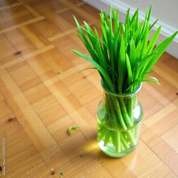 Obraz Fresh grass in a clear glass vase on a wooden floor with a few stray blades, green, grass, floor