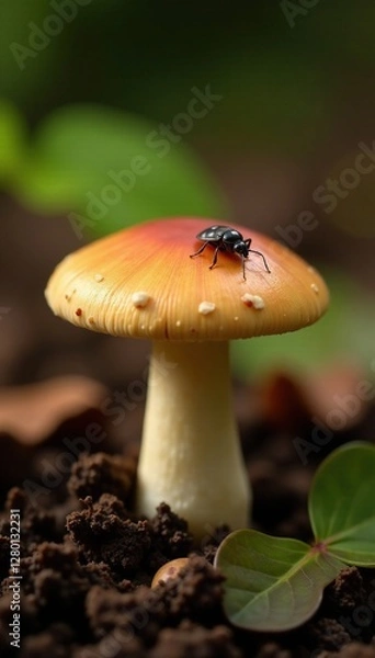 Obraz Fresh Shiitake mushroom cap with a small insect on its surface, mushroom, detail