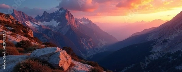 Obraz Golden hues upon rugged mountainsides softly fading into twilight colors, rock, sky, nature