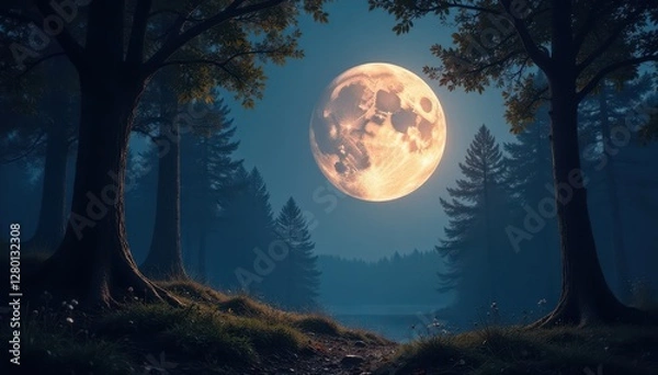 Obraz Giant moon hangs heavy, casting long shadows on forest floor , calm, leaves, moon