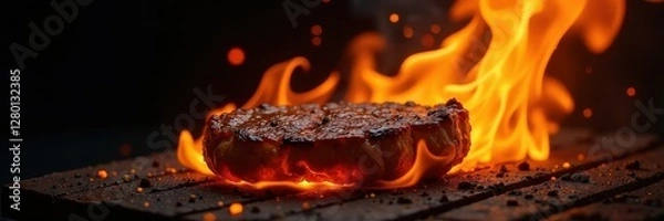 Obraz Inferno-like flames engulfing a sizzling steak, black background, charred, foodie, black