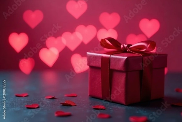 Obraz Red present box on soft pink, heart shaped bokeh lights , birthday, lights