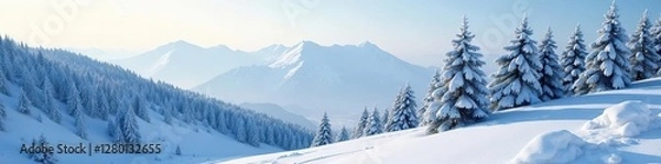 Obraz Spruce trees covered in snow create a serene and peaceful atmosphere on a mountain slope, landscape, tranquil, soothing