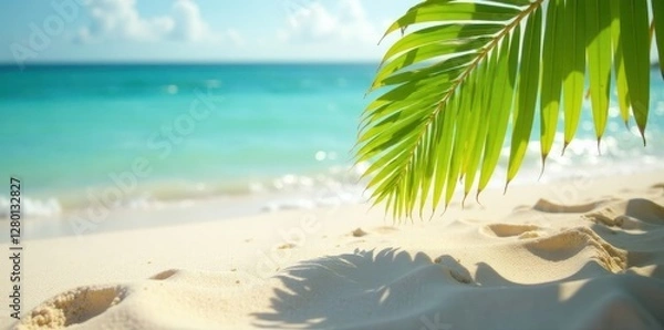 Obraz Sun-drenched sand, sharp coconut leaf shadow, blurred ocean, photography, light