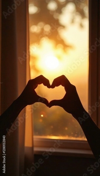 Obraz Tiny handmade heart silhouette cast on sunlit window , red, bright, february