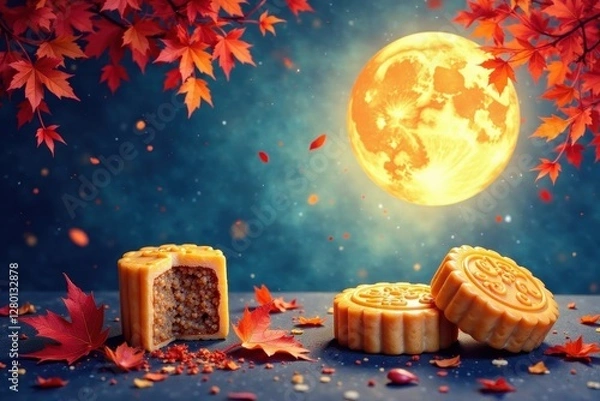 Obraz Watercolor mooncakes, autumn leaves, full moon , delicious, image, element