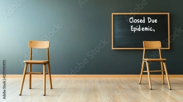 Fototapeta Empty Classroom with Chairs and Chalkboard Displaying Closure Notice