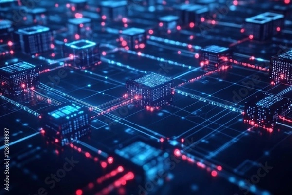 Fototapeta Blockchain network visualization with interconnected blocks and cryptographic chains, showcasing secure and transparent transactions