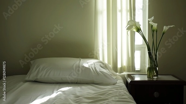 Fototapeta Serene hospital room with single bed, soft sunlight through window, and fresh flowers on bedside table, symbolizing care and recovery. Peaceful and healing environment concept