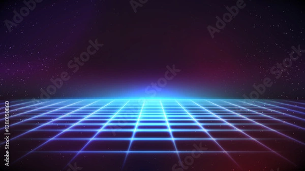 Fototapeta Synthwave Background. 80s Backdrop. Blue neon perspective grid on dark starry sky. Retro Futuristic party flyer, banner, poster template. Sci-fi stock vector illustration