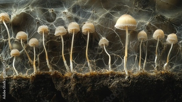 Fototapeta Delicate Mushrooms Growing on Forest Floor with Mycelium Network