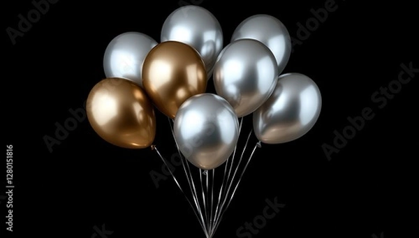 Fototapeta Elegant metallic balloons in silver and gold hues floating against a dark backdrop for celebrations and special occasions