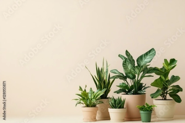 Fototapeta A minimalist arrangement of various potted houseplants on a soft beige background, with space for text or branding