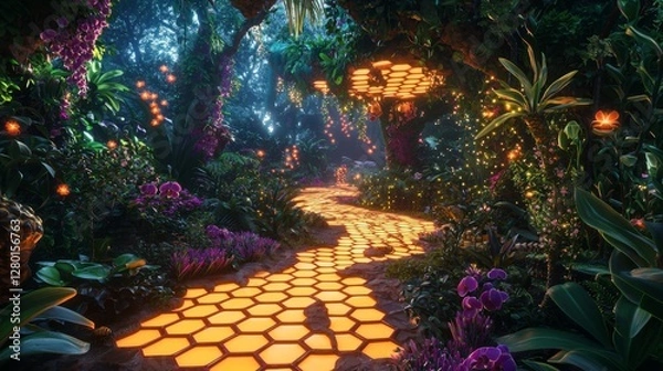 Fototapeta Enchanted Forest Pathway with Luminous Honeycomb Stones Surrounded by Vibrant Flora and Magical Glow Lights