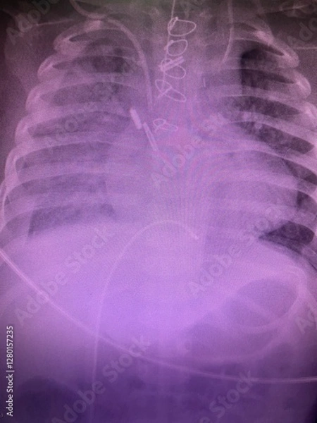 Obraz Film x-ray show boot shaped heart the shape heart of the tetralogy of fallot TOF the congenital heart disease  with right pleural effusion 