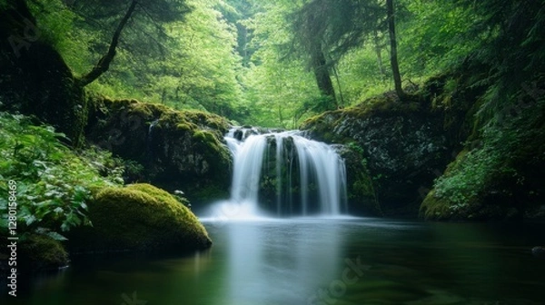 Fototapeta Serene waterfall in lush forest with moss-covered rocks and tranquil pool