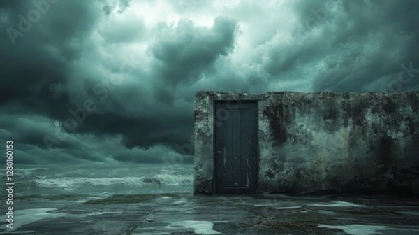 Fototapeta Mysterious door in stormy coastal landscape with dark clouds and ocean waves