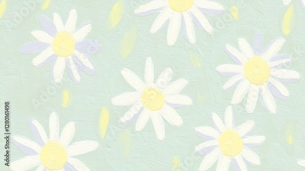 Fototapeta A soft, pastel background featuring cheerful daisies with white petals and yellow centers, creating a fresh and uplifting floral pattern.