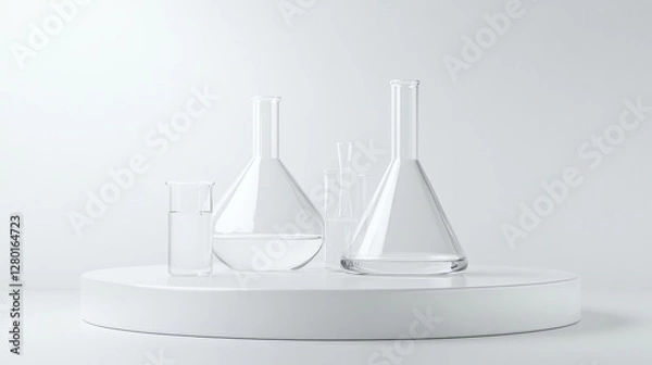 Fototapeta Science and medical background with transparent round podium, lab glassware filled colorless liquid and ribbed acrylic sheets decorated on white background. Space for products presentation