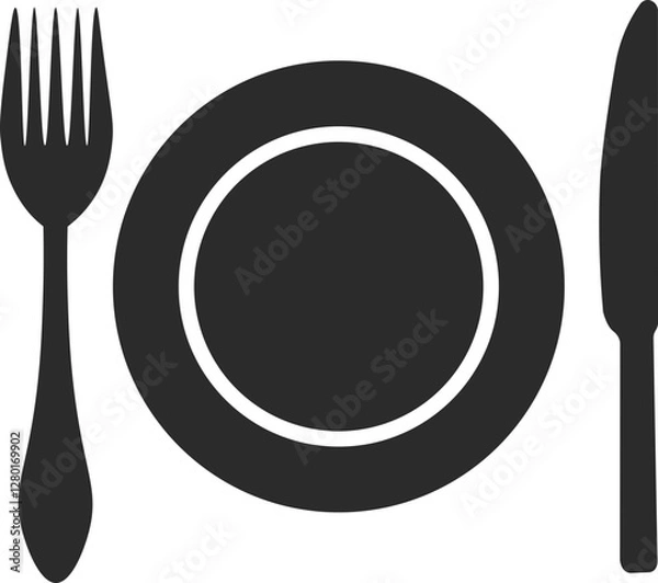 Fototapeta classic cutlery table setting with plate icon in dark grey and clear background, editable vector illustration