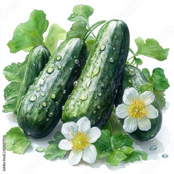 Obraz Fresh Cucumbers with Dew Drops and Flowers