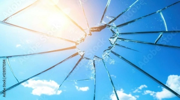 Fototapeta A shattered glass pane with realistic transparent shards and cracks radiating from the center.